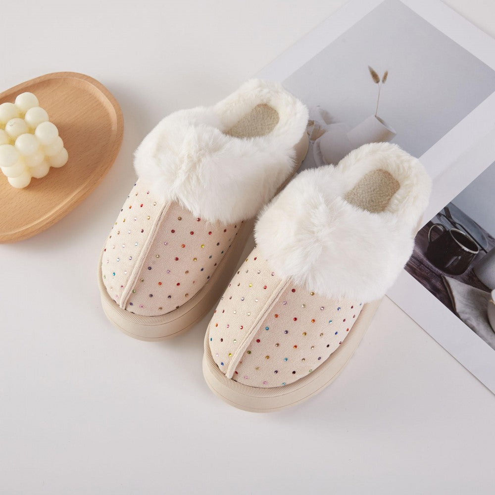 Faux Fur Platform Slippers with rhinestones