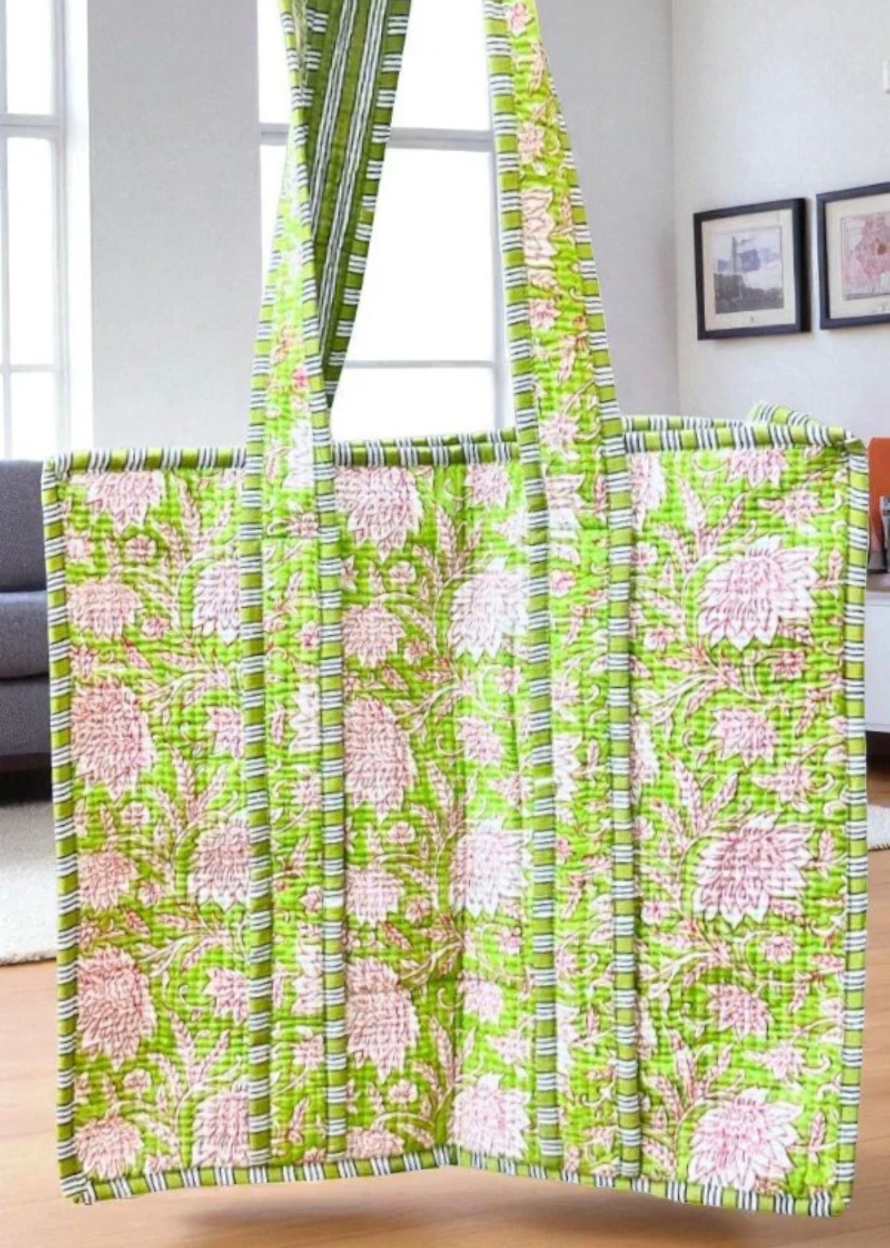 Quilted Green Meadow floral tote with Zipper