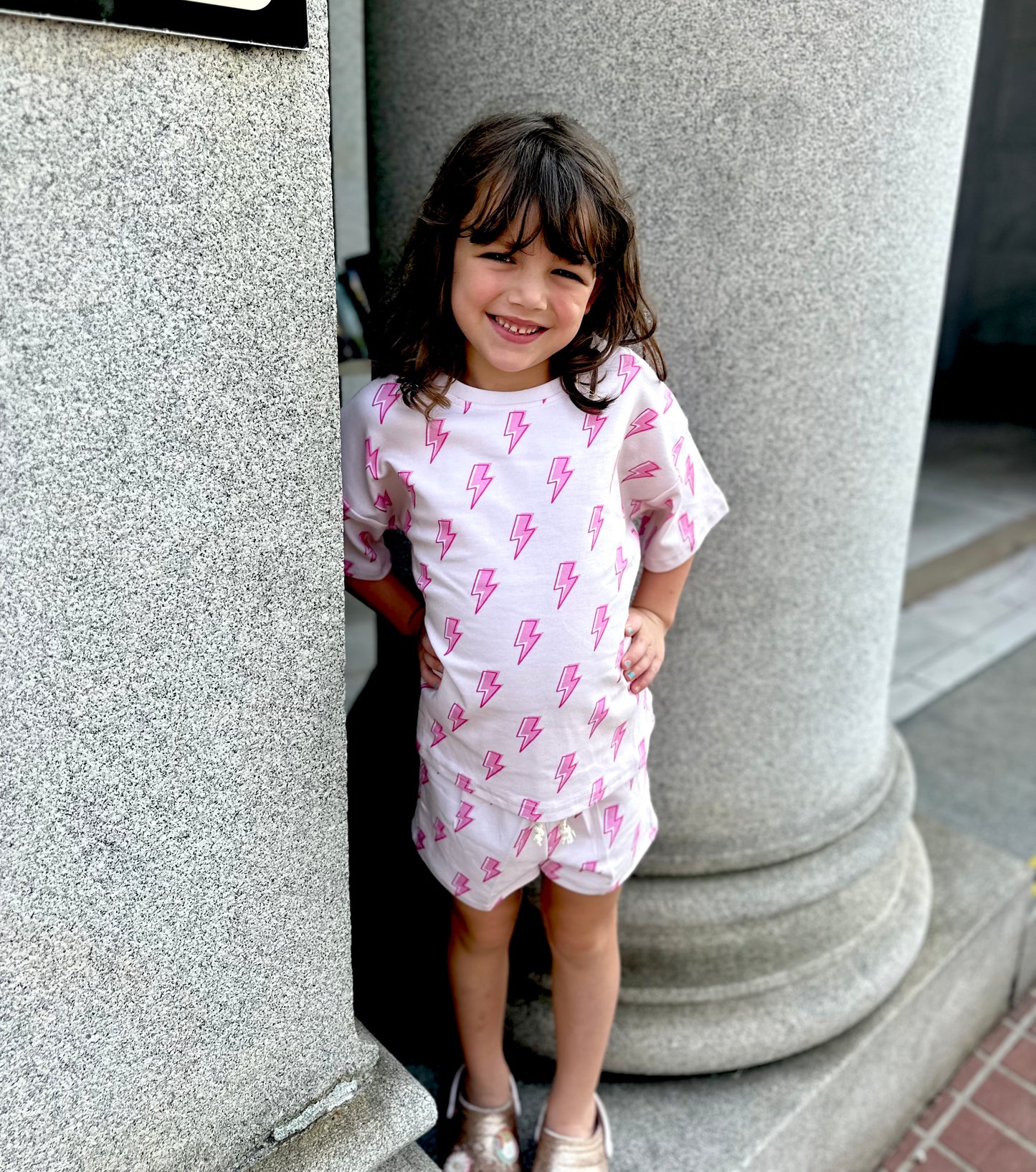 Pink bolts shorts set