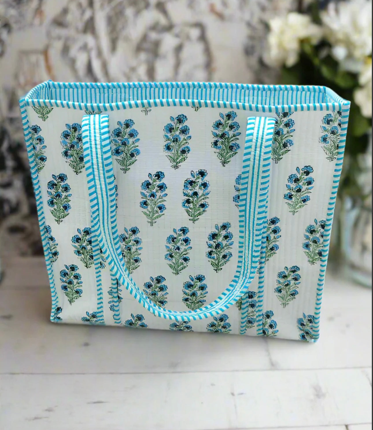 Quilted Juniper Blue and White floral tote