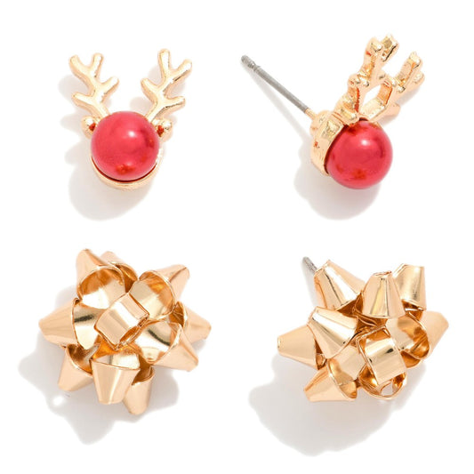Gold Gift Bow & red pearl antlers studs