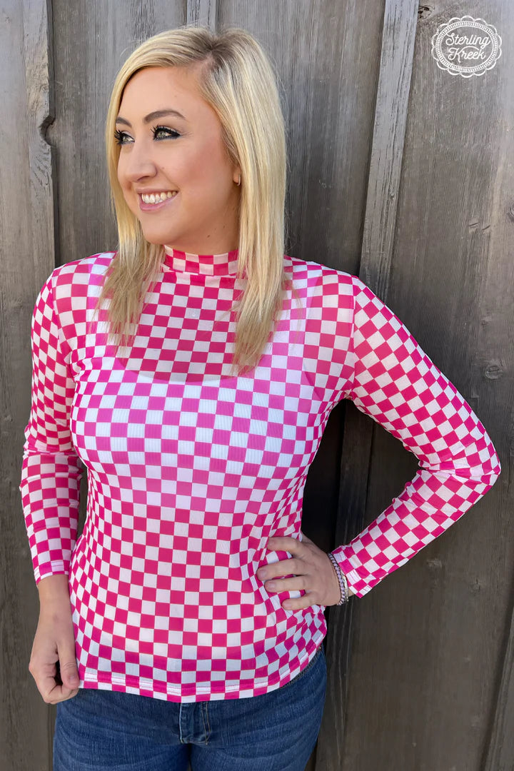 Pink checkered mesh top