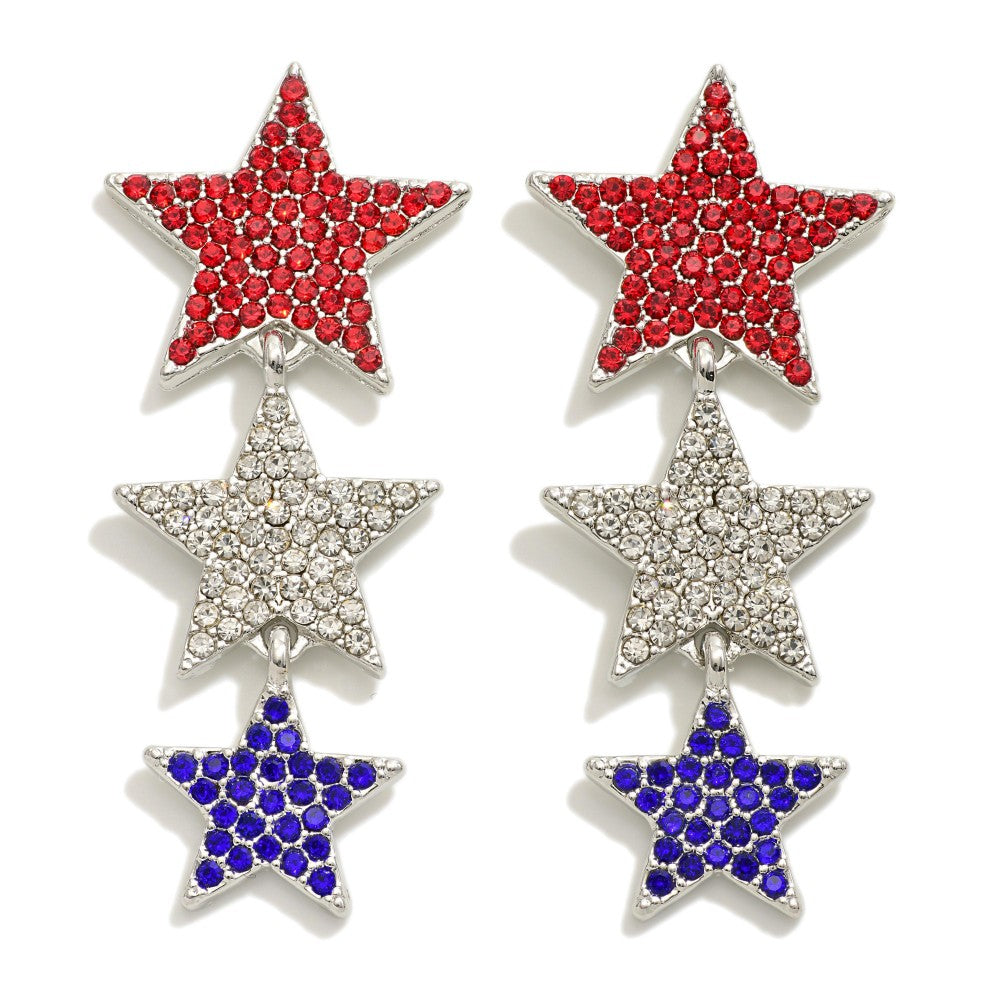 3 Star red white and blue crystal earrings