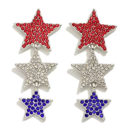 3 Star red white and blue crystal earrings