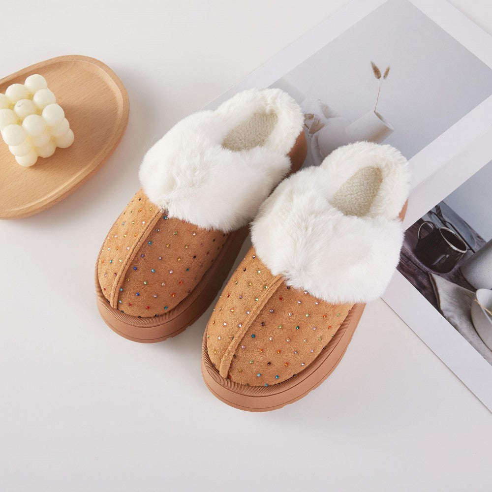 Faux Fur Platform Slippers with rhinestones