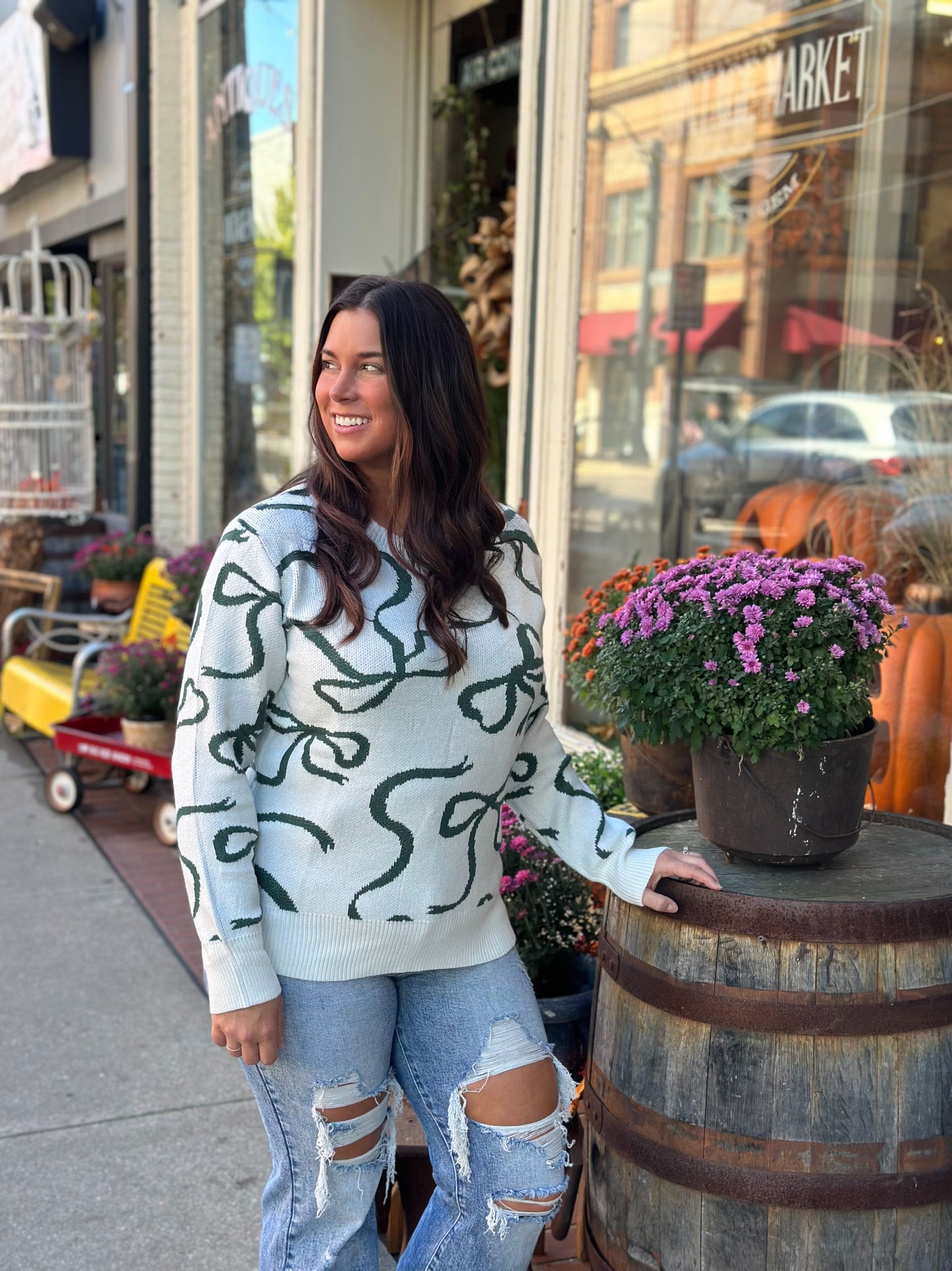 Ribbon Sweater Ivory & Hunter Green