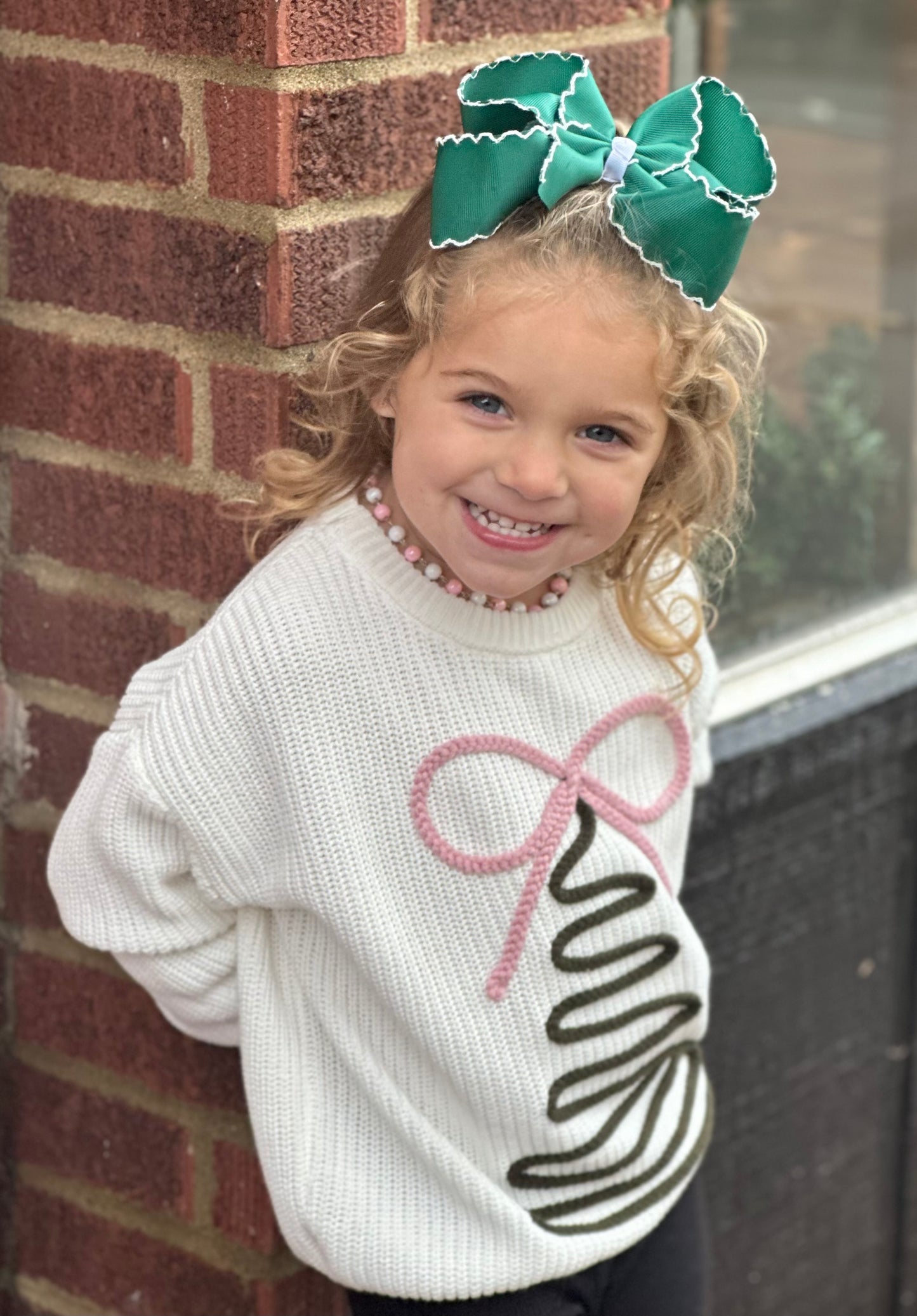 Blush Bow & Pine Sweater