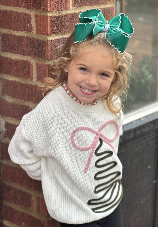 Blush Bow & Pine Sweater