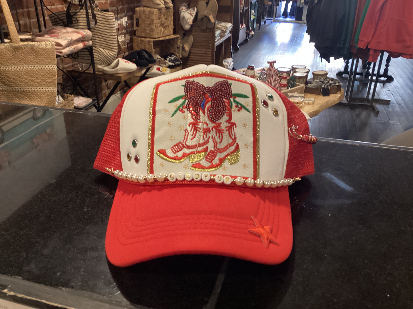 Christmas boots trucker hat