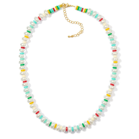 Flat pearl & primary color disk beaded necklace