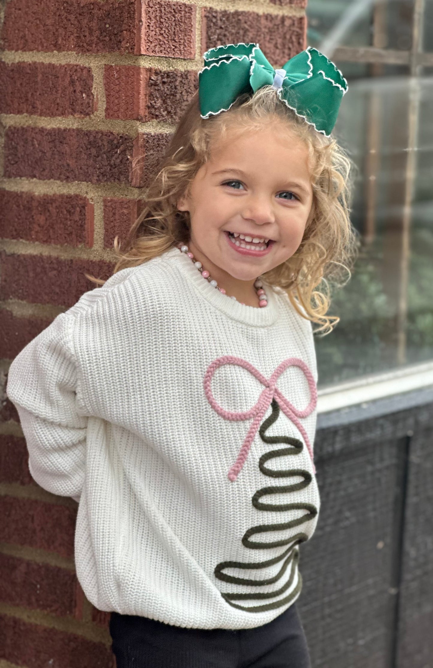 Blush Bow & Pine Sweater