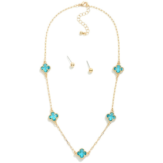 Green Clover necklace and ball stud earrings in gold