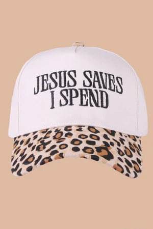 Jesus saves I spend leopard hat