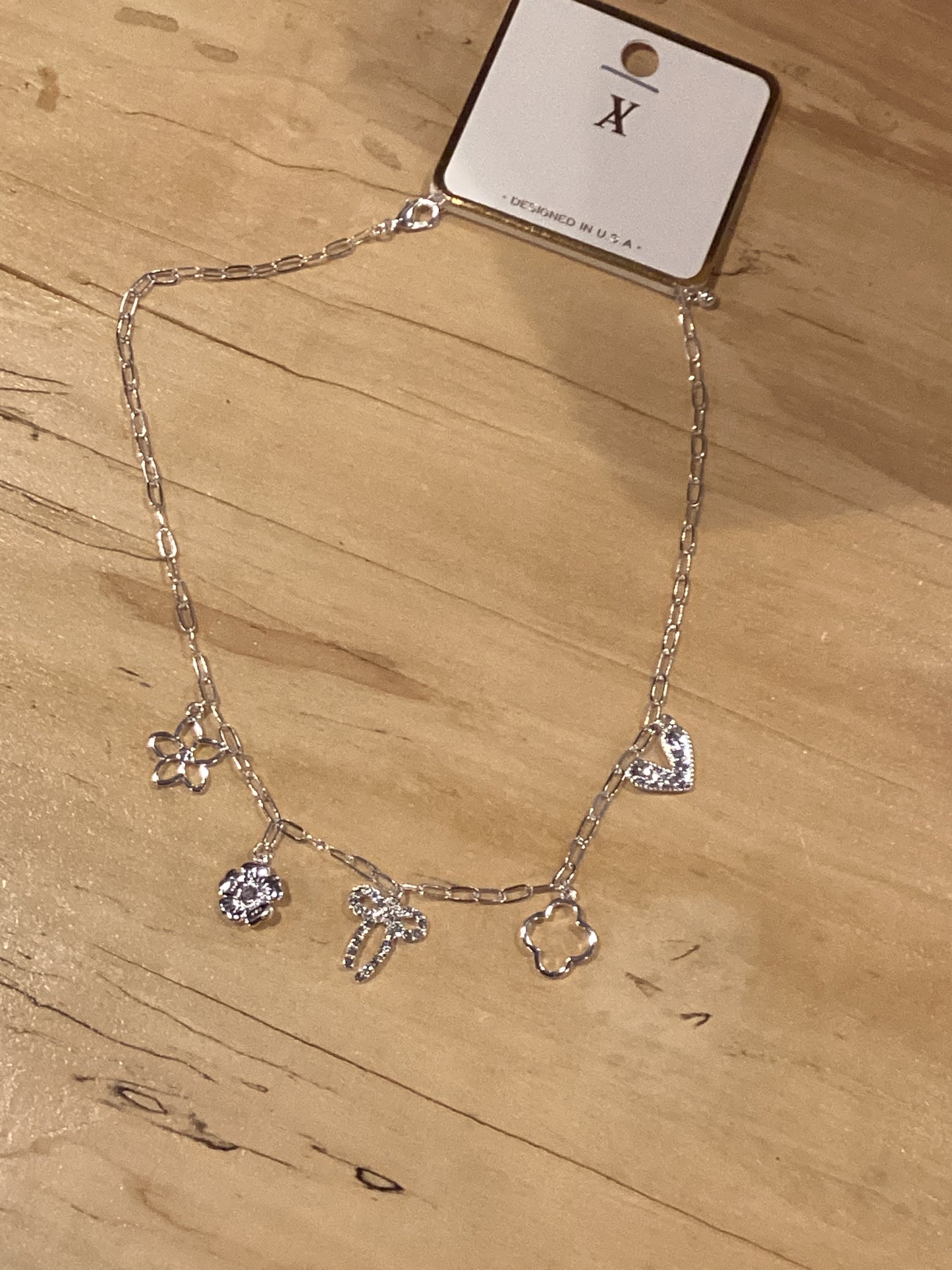 Crystal Bow & Heart Charm necklace