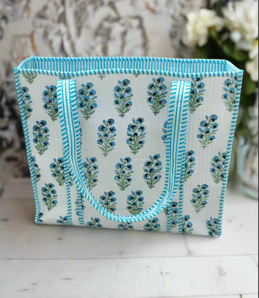 Quilted Juniper Blue and White floral tote