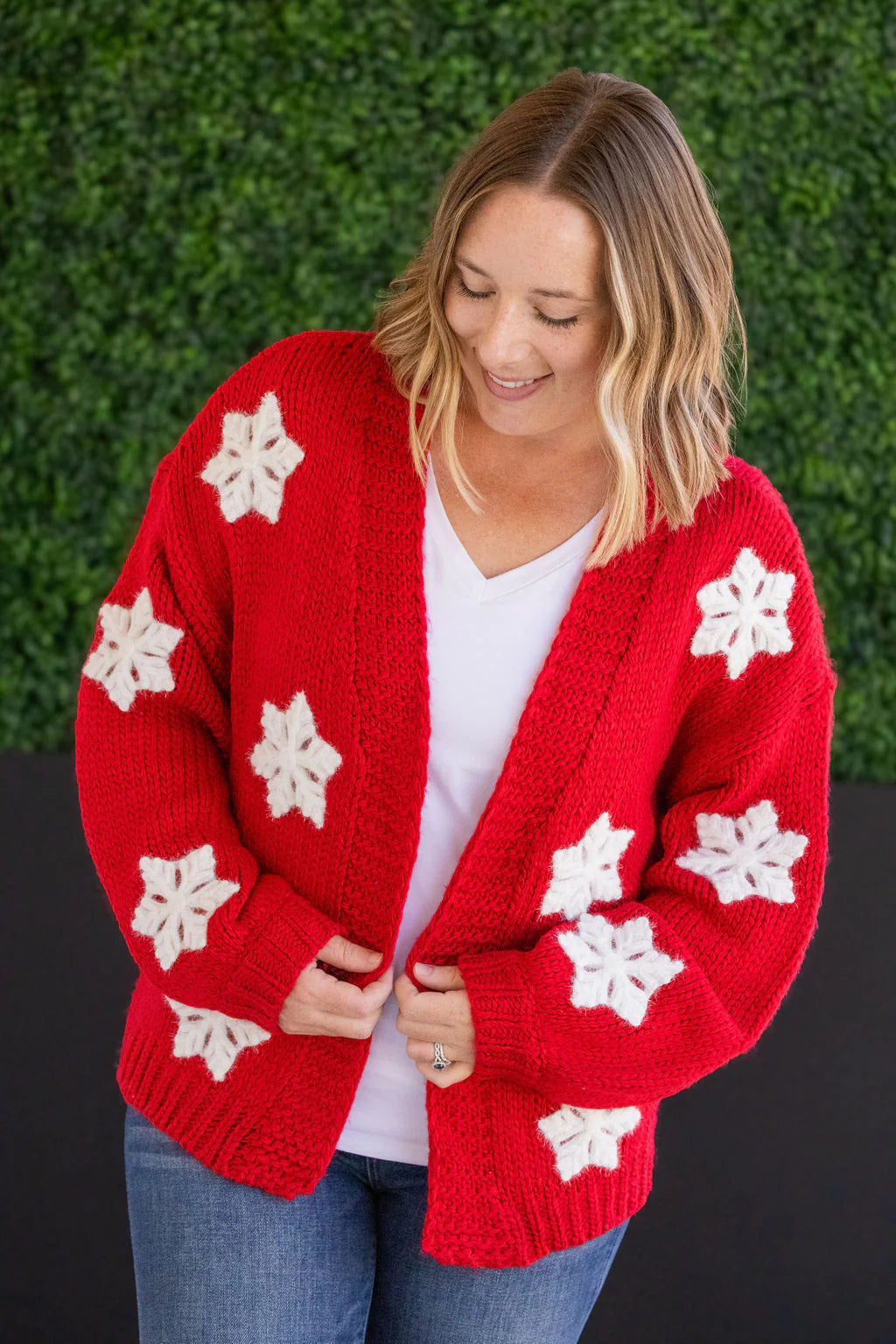 Red snowflake cardigan