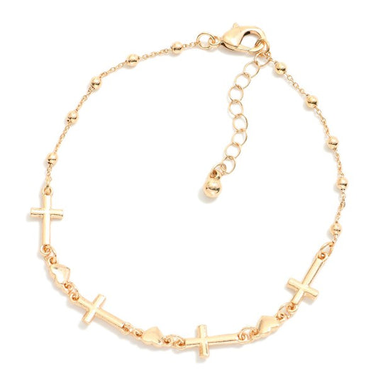 Dainty cross & heart anklet