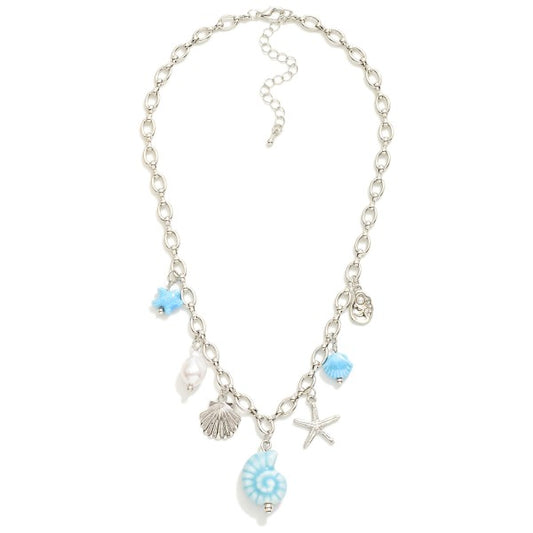 Silver blue beachy charm necklace