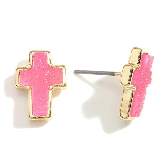 Pink cross earrings